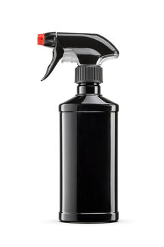 Blank black plastic trigger sprayer detergent bottle isolated. Transparent PNG image.