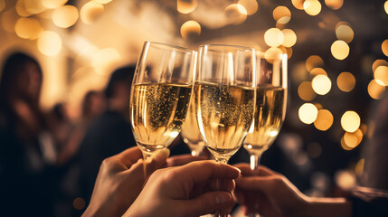 Happy new years 2024 eve night party. People holding drinking glasses of champagne making a toast. light blurred background