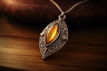 Fantasy elven antique silver necklace pendant with bright orange amber cabochon gem, precious and sacred heirloom elfish jewelry.