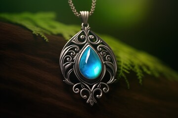 Fantasy elven silver necklace pendant with bright blue moonstone cabochon gem, precious and sacred heirloom elfish jewelry.