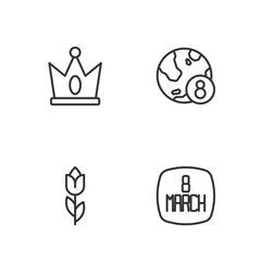 Set line 8 March, Flower tulip, King crown and International Women Day icon. Vector