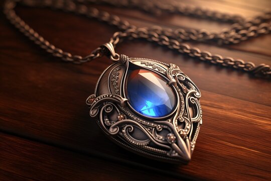Fantasy elven silver necklace pendant with dark blue sapphire cabochon gem, precious and sacred heirloom elfish jewelry.