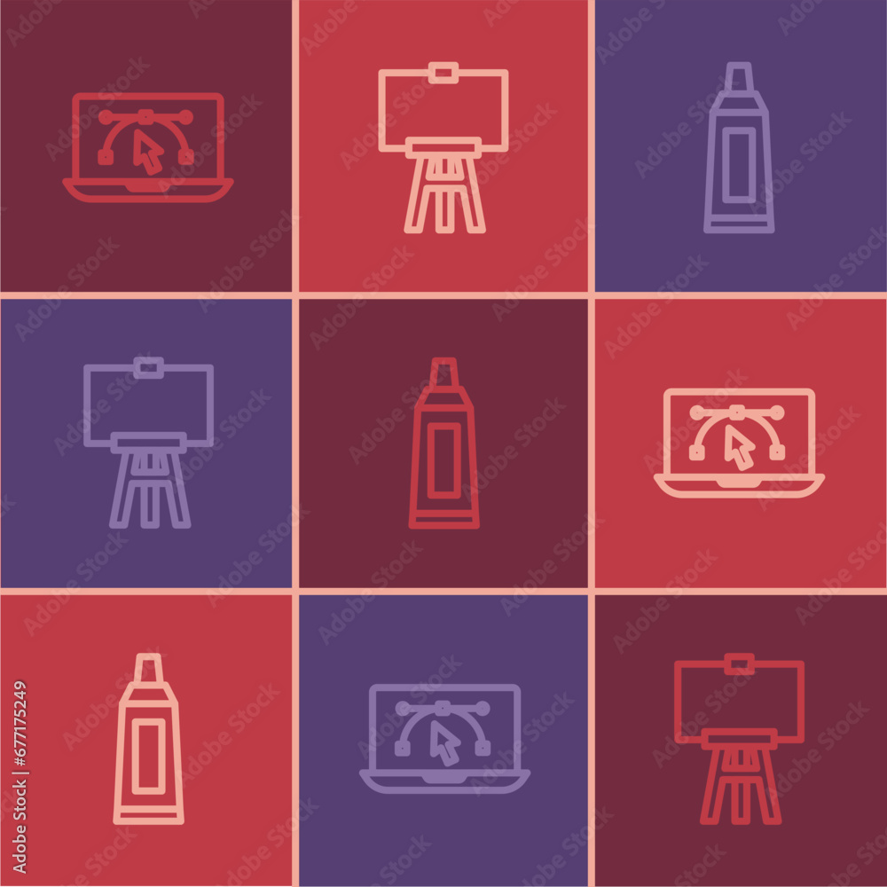 Poster set line computer with design program, tube paint palette and wood easel icon. vector
