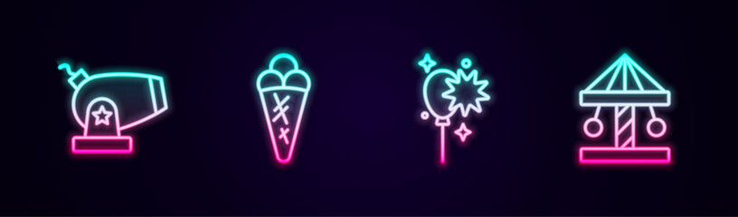 Set line Cannon, Ice cream in waffle, Balloons with ribbon and Attraction carousel. Glowing neon icon. Vector