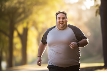 Fototapeta premium Overweight or fat belly man smiling running with jogging park and outside morning sunset nature