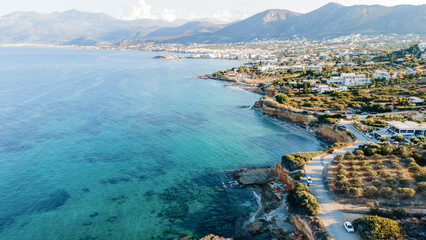 Aerial view by drone of idyllic seascape with mediterranean island. Crete. Greece.