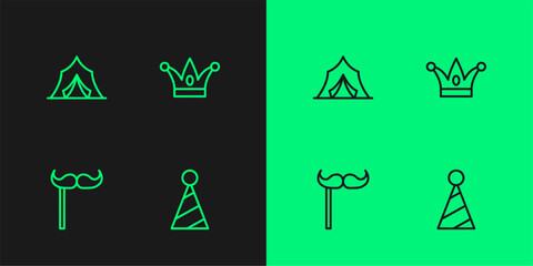 Set line Party hat, Paper mustache on stick, Circus tent and Jester with bells icon. Vector