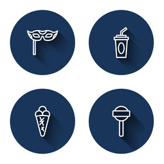 Set line Festive mask, Paper glass with water, Ice cream in waffle and Lollipop with long shadow. Blue circle button. Vector