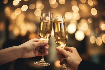 Happy new years 2024 eve night party. People holding drinking glasses of champagne making a toast. light blurred background - obrazy, fototapety, plakaty