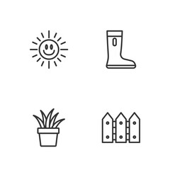 Set line Garden fence wooden, Plant in pot, Sun and Waterproof rubber boot icon. Vector