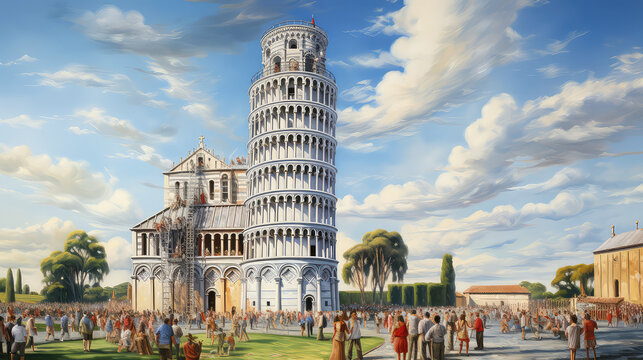 oil painting on canvas, Pisa tower in the blue sky day. Italy.