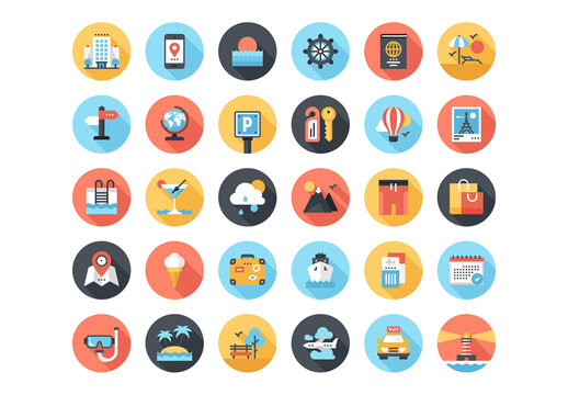 Abstract vector set of colorful flat travel and vacation icons with long shadow. Concepts and design elements for mobile and web applications.