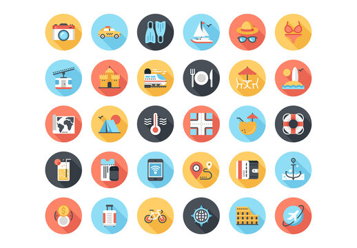 Abstract vector set of colorful flat leisure and tourism icons with long shadow. Concepts and design elements for mobile and web applications.