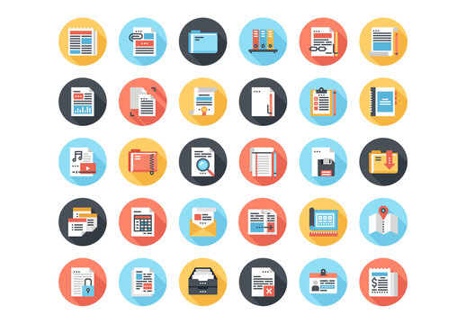 Abstract vector set of colorful flat files and documents icons with long shadow. Concepts and design elements for mobile and web applications.