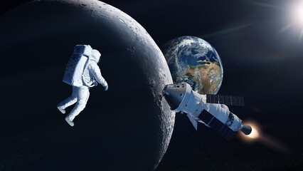 Mission to the Moon. Spaceman and Orion spaceship. Elements of this image furnished by NASA.