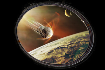 Planet Earth and big asteroid in spaceship porthole in outer space. Meteorite in outer space near...
