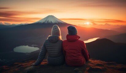 Back view of Couple wearing mountain jacket sitting on top of a mountain and looking at the sunset
