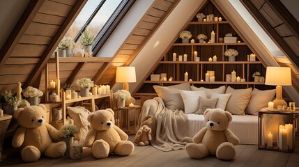 Cozy attic playroom filled with toys, plush animals, and warm lighting under a roof window with a starry night sky view. - obrazy, fototapety, plakaty
