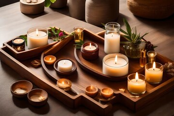 Indoor wooden  tray with air freshener, candle, and toiletries. 
