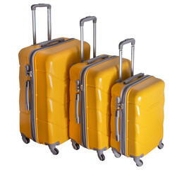 A set of yellow suitcases on wheels. Baggage. Travel suitcase isolated on white background.