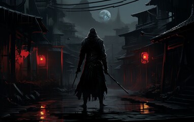 Cloaked Samurai in City Darkness - obrazy, fototapety, plakaty