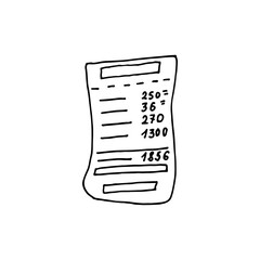 Receipt, document confirming the purchase of goods and cash payment. Doodle. Vector illustration. Hand drawn. Outline.