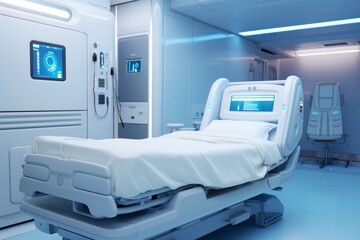 Modern medical ward and bed for examining patients. Future technology - obrazy, fototapety, plakaty