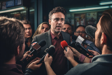 Naklejka premium Street Democracy: Politician Faces a Swarm of Journalists in a Press Conference Under the Open Sky
