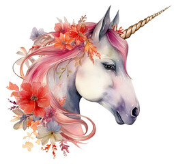 Watercolor illustration of a unicorn. Ai generated. Transparent, png