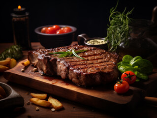 Delicious juicy beef steak on a wooden board, decorated with herbs and vegetables. Photorealistic illustration. AI generated.