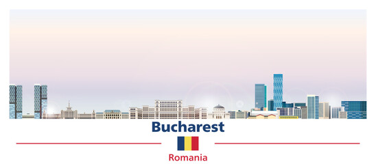 Bucharest cityscape on beautiful gradient colorful sky background vector illustration with flag of Romania