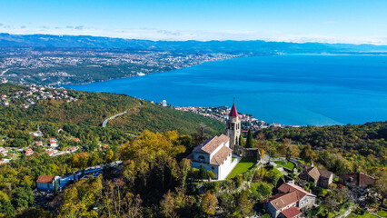 Fototapeta na wymiar Church of St. Mark, Veprinac, Opatia, aerial view, Croatia