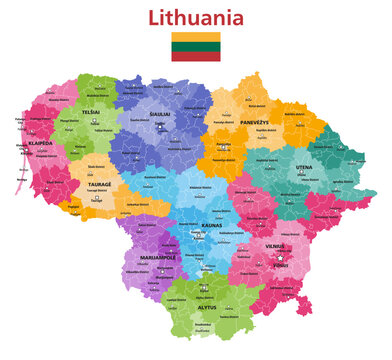Lithuania political map. Administrative divisions (counties, municipalities and elderships) of Lithuania vector isolated map