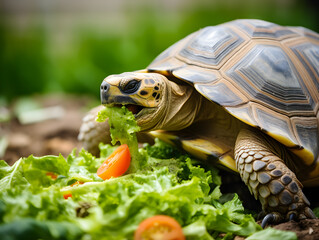 A detail of a tortoise eating a fresh green salad.