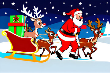 Santa carrying a gift box and riding a sleigh pulled by Rudolph.
Generative AI