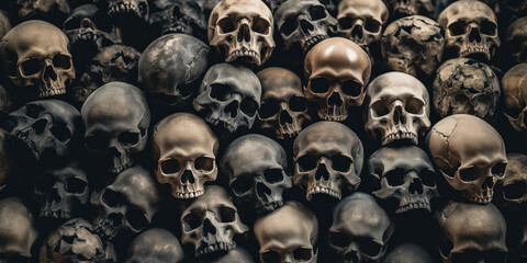 Eerie collection of human skulls in darkness.