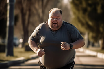 Fat man runner on running. Fat man with big belly on jogging for weight loss. Man overweight sprinter to lose fat. Run in sprint on footpath and regain vitality. Obese male on Fitness for weight loss. - obrazy, fototapety, plakaty