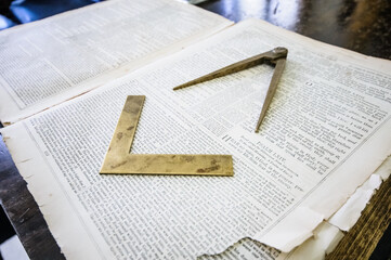 Compass and Set Square on a Bible in a Masonic Craft Room
