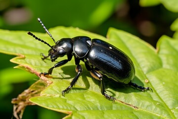 a close up of a black beetle on a green leaf