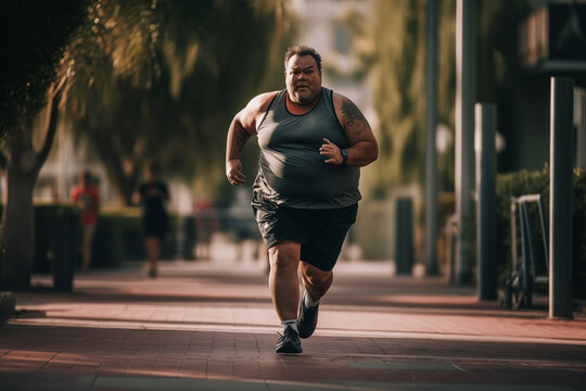 Fat man runner on running. Fat man with big belly on jogging for weight loss. Man overweight sprinter to lose fat. Run in sprint on footpath and regain vitality. Obese male on Fitness for weight loss.