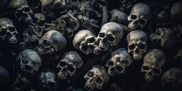 Eerie collection of human skulls in darkness.