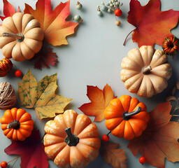 small decorative pumpkins and colorful autumn leaves to the edges of the frame, on a white background - 677179479