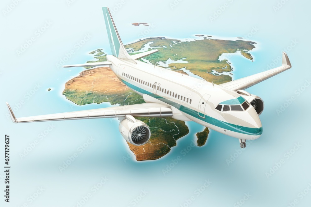 Poster airplane over an abstract continent. background with selective focus and copy space