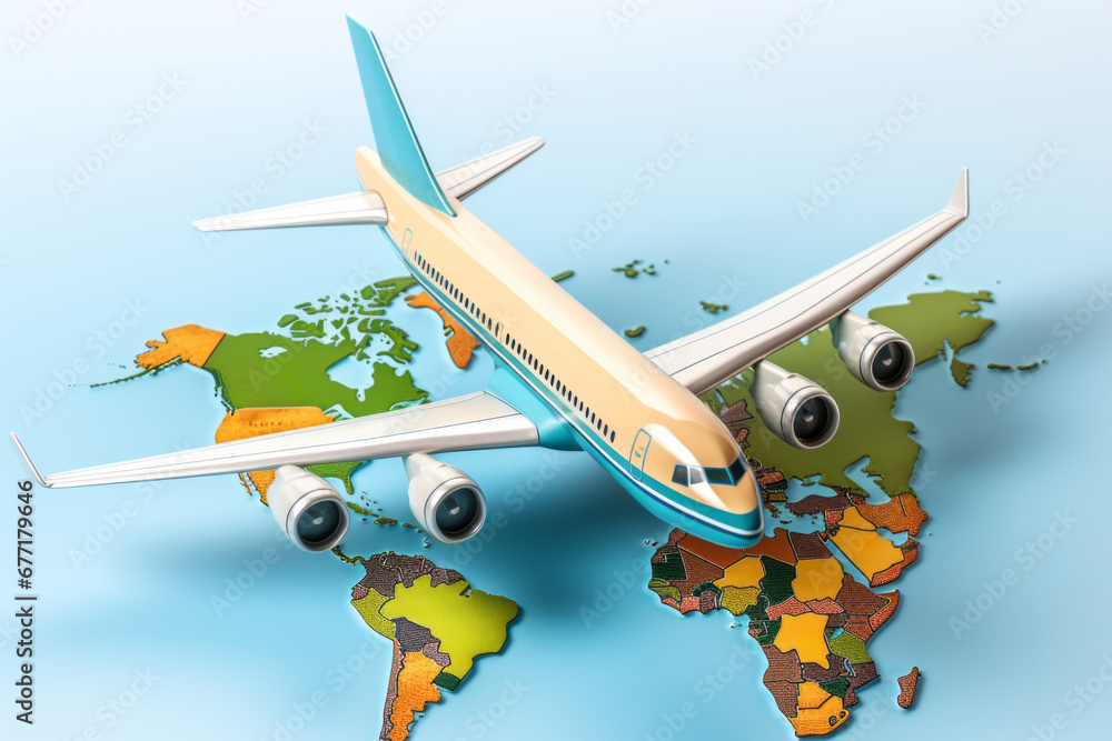 Poster airplane over abstract continents. background with selective focus and copy space