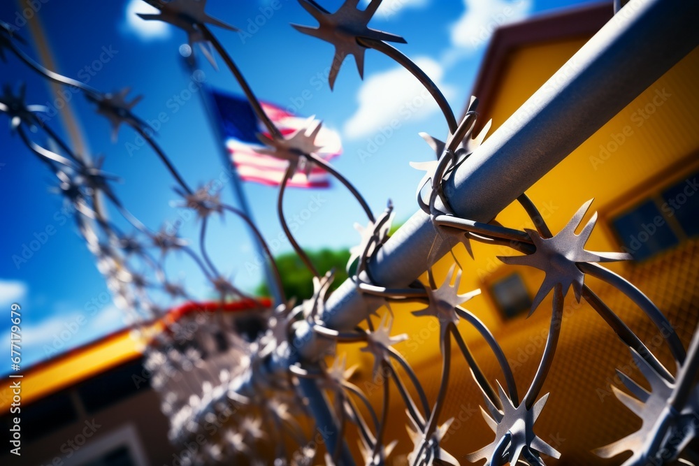 Poster barbed wire on the us state border. background with selective focus and copy space