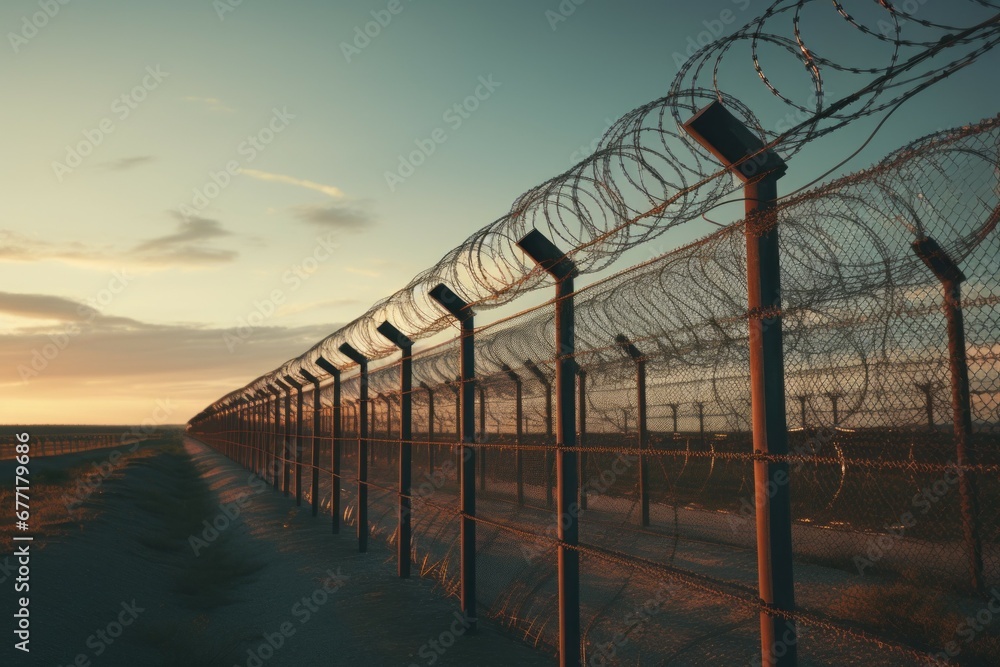 Poster fence with barbed wire. prison or border. background with selective focus and copy space