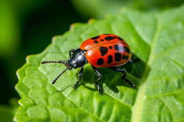 Fototapeta premium A red beetle Crawling on a Leaf