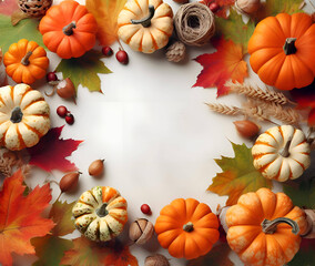 small decorative pumpkins and colorful autumn leaves to the edges of the frame, on a white background - 677179823