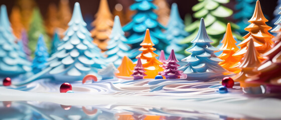 Vibrant Christmas trees on table amidst abstract plastic decor.
