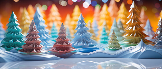 Vibrant Christmas trees on table amidst abstract plastic decor.